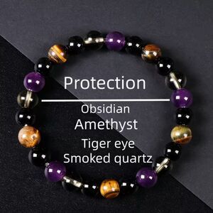 Natural Amethyst Quartz Tiger's Eye Beaded Bracelet 8mm Stretch Gemstone Crystal